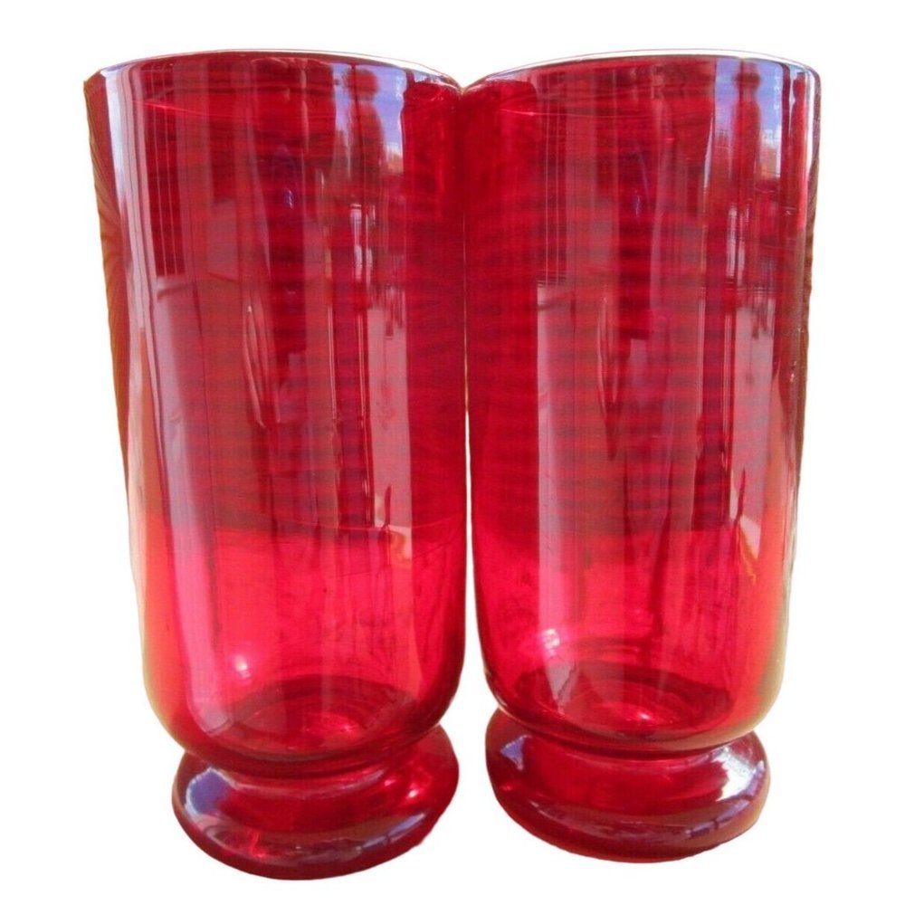 Vintage Ruby Red Footed Tumblers Hand Blown Rough Pontil Rolled Rim a Pair Very